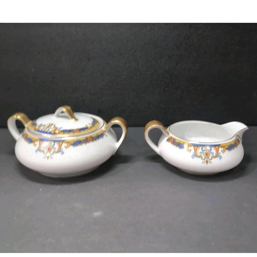Epiag Elyrian Blue Gold Creamer & Lidded Sugar Set, Czechoslovakian‎ Tableware